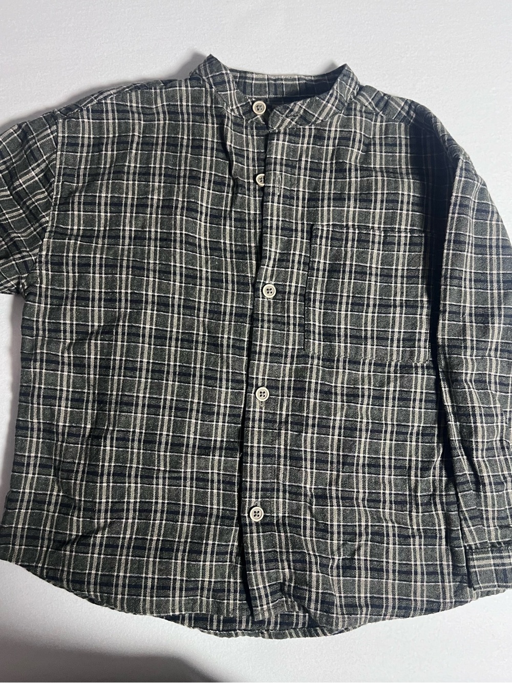Zara Kids Green Plaid Band-Collar Button-Down Shirt